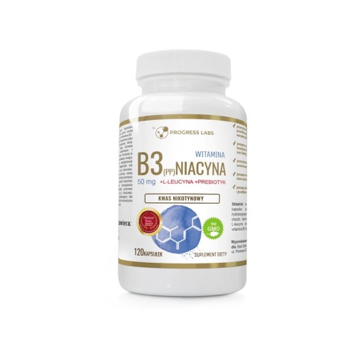 Progress Labs Niacyna Witamina B3 (PP) 50mg Kwas Nikotynowy+ Inulina (120 kap)